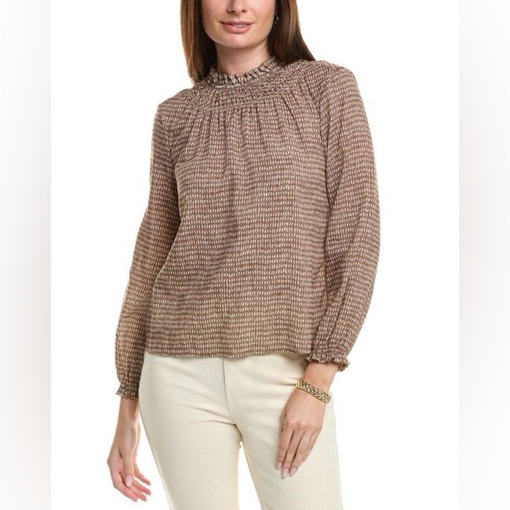 J.McLaughlin Antonia blouse Khaki/cream Abstract Order Large Ruffle Cottagecore - Picture 2 of 14